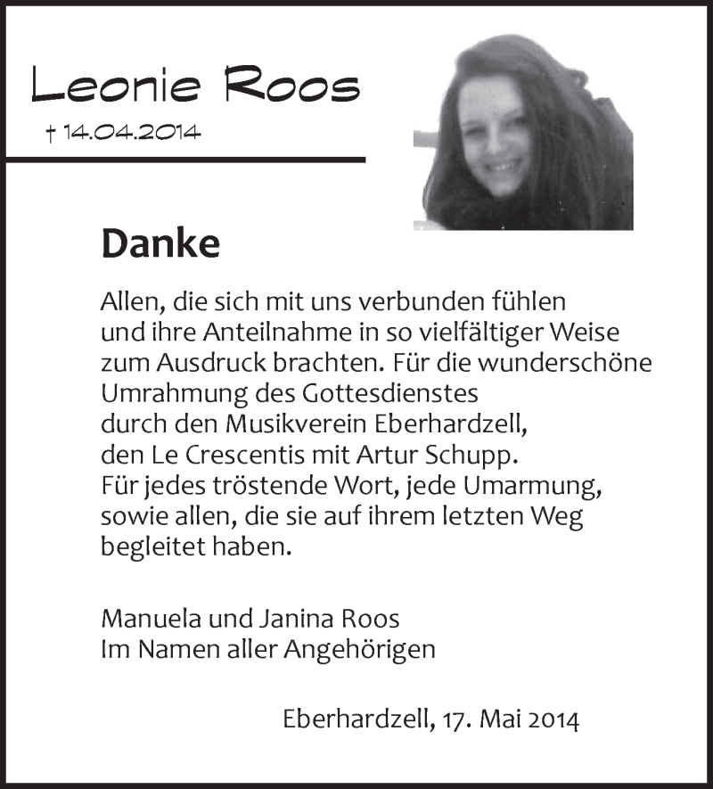  Traueranzeige für Leonie Roos vom 17.05.2014 aus Schwäbische Zeitung