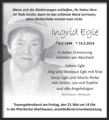 Anzeige von Ingrid Egle von Schwäbische Zeitung