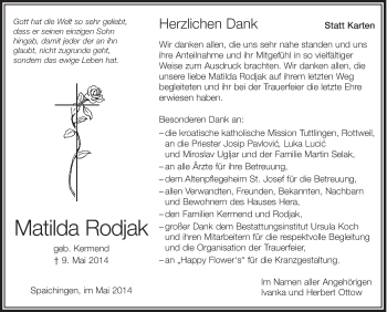 Anzeige von Matilda Rodjak von Schwäbische Zeitung