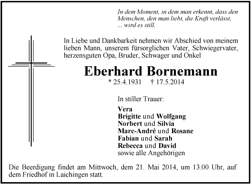  Traueranzeige für Eberhard Bornemann vom 20.05.2014 aus Schwäbische Zeitung
