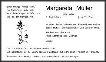Anzeige von Margareta Müller von Schwäbische Zeitung