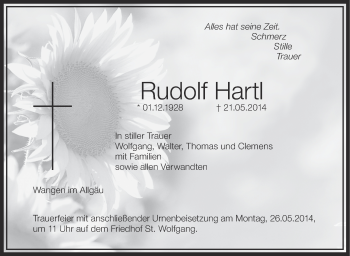 Anzeige von Rudolf Hartl von Schwäbische Zeitung