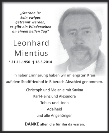 Anzeige von Leonhard Mientius von Schwäbische Zeitung
