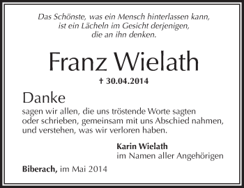 Anzeige von Franz Wielath von Schwäbische Zeitung