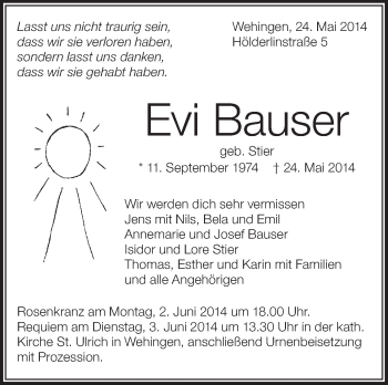 Anzeige von Evi Bauser von Schwäbische Zeitung