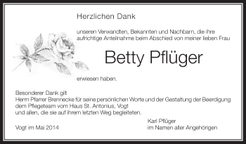 Anzeige von Betty Pflüger von Schwäbische Zeitung