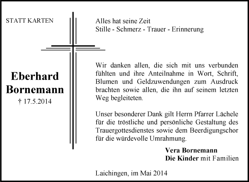  Traueranzeige für Eberhard Bornemann vom 31.05.2014 aus Schwäbische Zeitung