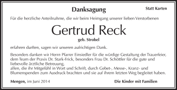 Anzeige von Gertrud Reck von Schwäbische Zeitung