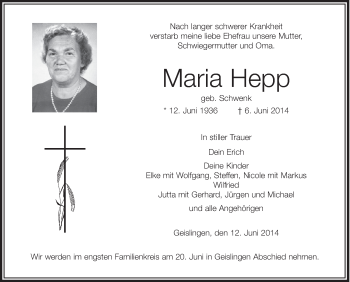 Anzeige von Maria Hepp von Schwäbische Zeitung