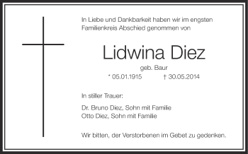 Anzeige von Lidwina Diez von Schwäbische Zeitung