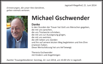 Anzeige von Michael Gschwender von Schwäbische Zeitung
