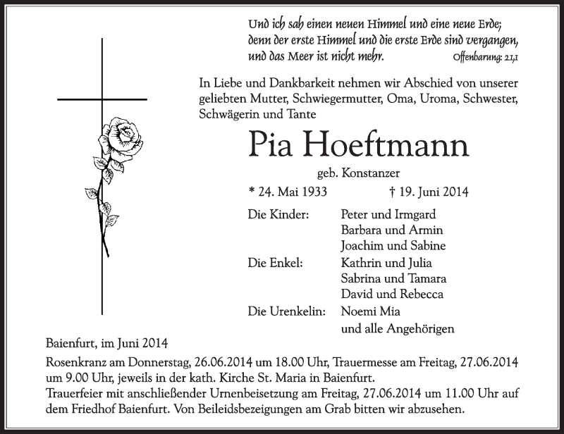  Traueranzeige für Pia Hoeftmann vom 21.06.2014 aus Schwäbische Zeitung