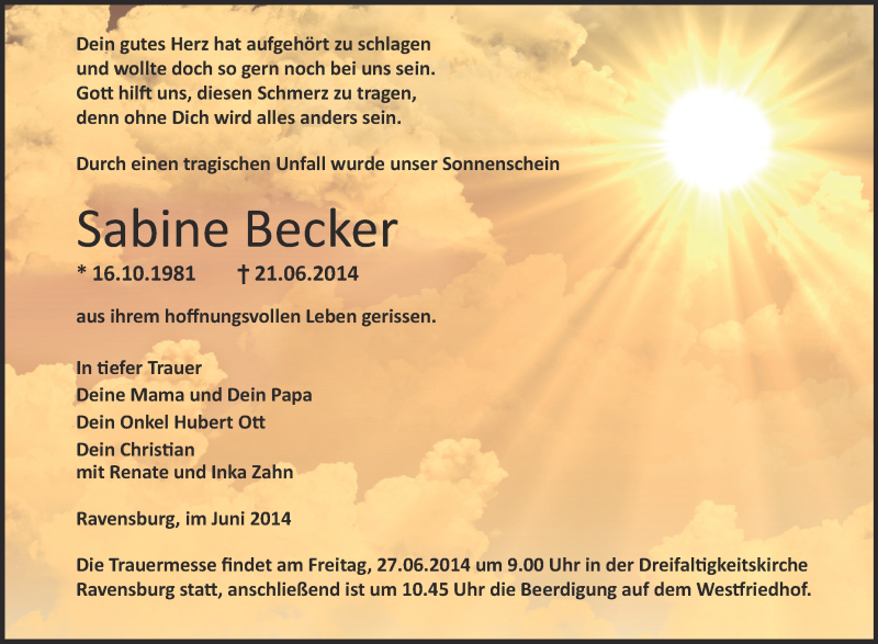  Traueranzeige für Sabine Becker vom 24.06.2014 aus Schwäbische Zeitung