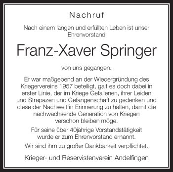 Anzeige von Franz-Xaver Springer von Schwäbische Zeitung