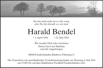 Anzeige von Harald Bendel von Schwäbische Zeitung