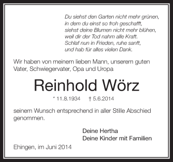 Anzeige von Reinhold Wörz von Schwäbische Zeitung