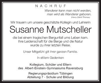Anzeige von Susanne Mutscheller von Schwäbische Zeitung