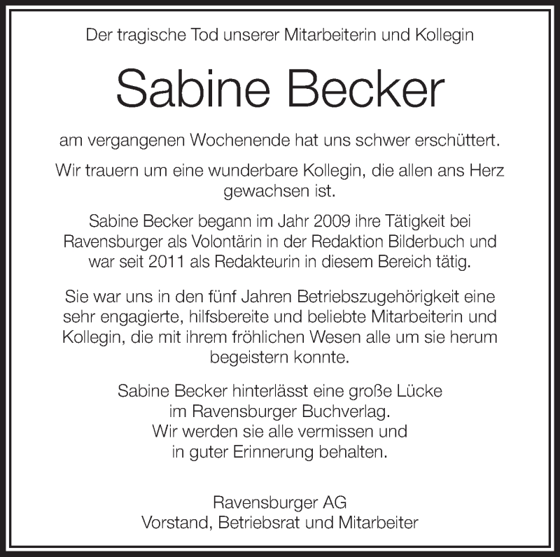  Traueranzeige für Sabine Becker vom 25.06.2014 aus Schwäbische Zeitung