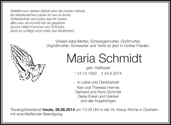 Anzeige von Maria Schmidt von Schwäbische Zeitung