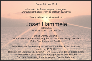 Anzeige von Josef Hammele von Schwäbische Zeitung