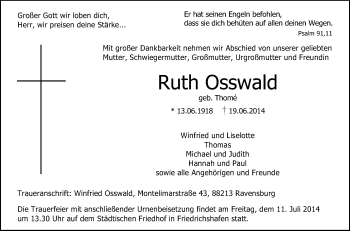 Anzeige von Ruth Osswald von Schwäbische Zeitung
