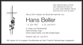 Anzeige von Hans Beller von Schwäbische Zeitung