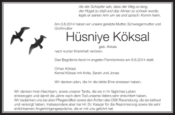 Anzeige von Hüsniye Köksal von Schwäbische Zeitung