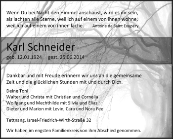 Anzeige von Karl Schneider von Schwäbische Zeitung