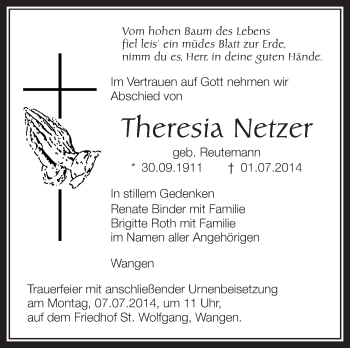 Anzeige von Theresia Netzer von Schwäbische Zeitung