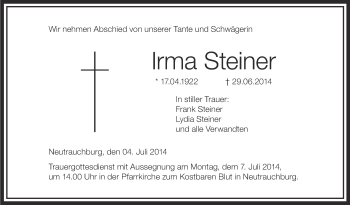 Anzeige von Irma Steiner von Schwäbische Zeitung