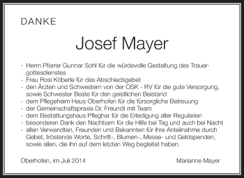 Anzeige von Josef Mayer von Schwäbische Zeitung