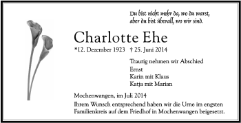 Anzeige von Charlotte Ehe von Schwäbische Zeitung