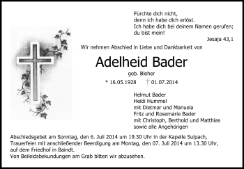 Anzeige von Adelheid Bader von Schwäbische Zeitung