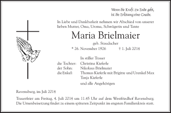 Anzeige von Maria Brielmaier von Schwäbische Zeitung