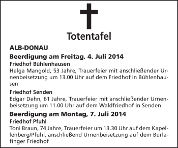 Anzeige von Totentafel vom 03.07.2014 von Schwäbische Zeitung
