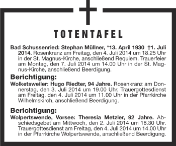Anzeige von Totentafel vom 03.07.2014 von Schwäbische Zeitung