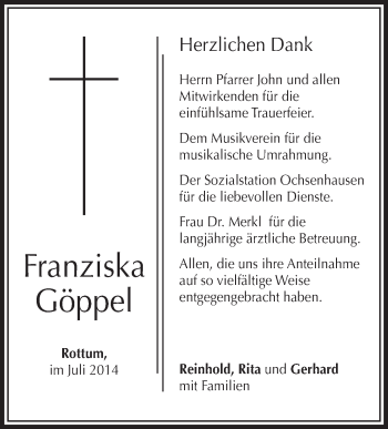 Anzeige von Franziska Göppel von Schwäbische Zeitung
