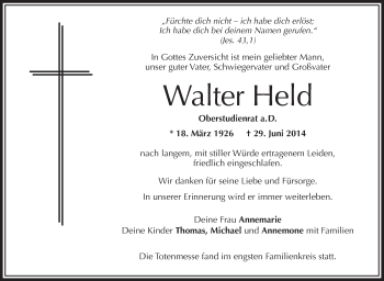 Anzeige von Walter Held von Schwäbische Zeitung