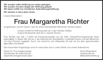 Anzeige von Margaretha Richter von Schwäbische Zeitung