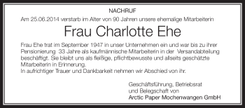 Anzeige von Charlotte Ehe von Schwäbische Zeitung