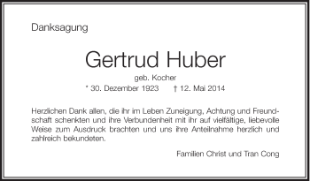 Anzeige von Gertrud Huber von Schwäbische Zeitung