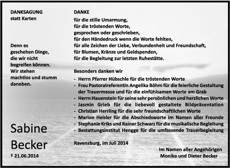  Traueranzeige für Sabine Becker vom 12.07.2014 aus Schwäbische Zeitung