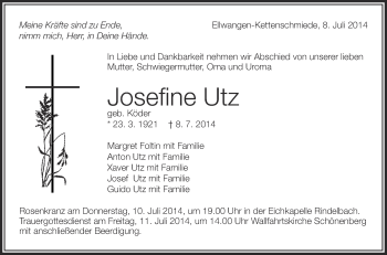 Anzeige von Josefine Utz von Schwäbische Zeitung