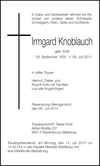 Anzeige von Irmgard Knoblauch von Schwäbische Zeitung