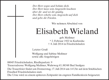 Anzeige von Elisabeth Wieland von Schwäbische Zeitung