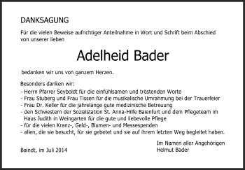 Anzeige von Adelheid Bader von Schwäbische Zeitung