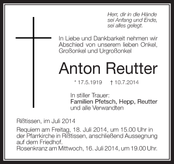 Anzeige von Anton Reutter von Schwäbische Zeitung