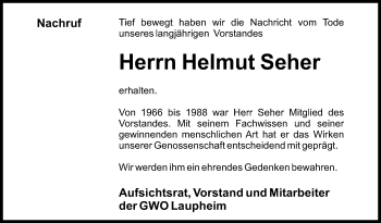 Anzeige von Helmut Seher von Schwäbische Zeitung