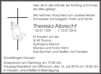 Anzeige von Theresia Albrecht von Schwäbische Zeitung