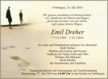 Anzeige von Emil Dreher von Schwäbische Zeitung